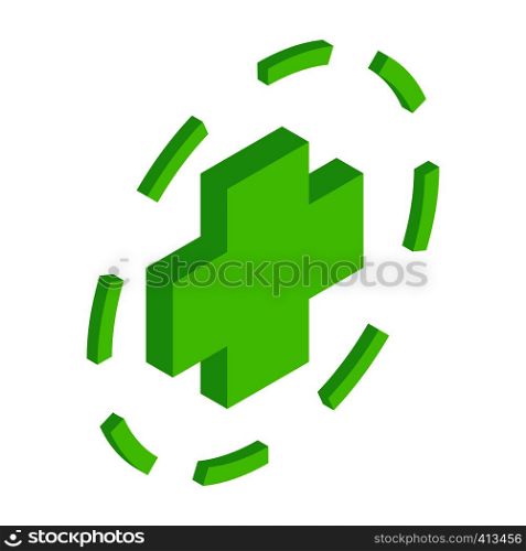 Green plus symbol in circle isometric icon. Single symbol on a white background. Green plus symbol in circle
