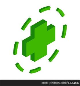 Green plus symbol in circle isometric icon. Single symbol on a white background. Green plus symbol in circle