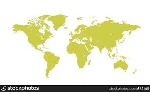 Green political world map vector cartoon illustration isolated on white background.. Political world map vector cartoon illustration.
