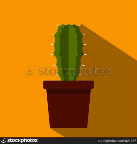 Green potted cactus icon. Flat illustration of green potted cactus vector icon for web isolated on yellow background. Green potted cactus icon, flat style