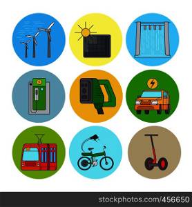 Green power and eco transport flat line icons. Vector illustration. Green power and eco transport icons