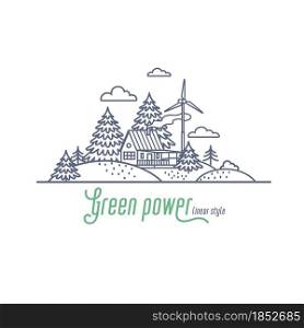 Green power concept thin line vector illustration. Windmill energy as an alternative electricity resource for a farm. Outline style vector illustration on white background. Green power concept thin line vector illustration. Windmill energy as an alternative electricity resource for a farm. Outline style vector illustration on white background.