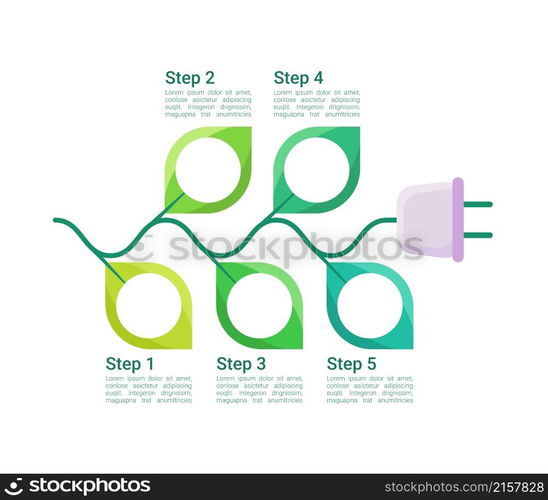 Green power generation infographic chart design template. Abstract infochart with copy space. Instructional graphics with 5 step sequence. Visual data presentation. Roboto Medium, Light fonts used. Green power generation infographic chart design template