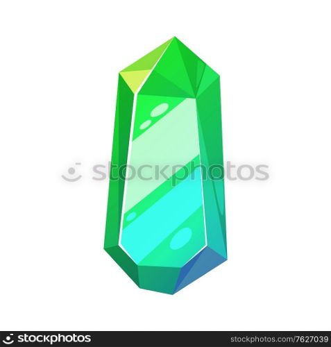 Green precious stone isolate emerald. Vector faceted gemstone, Chrome diopside of emerald-green. Emerald-green chrome diopside precious stone