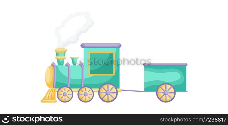Green-purple cartoon train for children isolated on white background, colorful train in flat style, simple design. Flat cartoon colorful vector illustration.