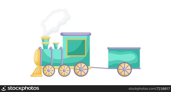 Green-purple cartoon train for children isolated on white background, colorful train in flat style, simple design. Flat cartoon colorful vector illustration.