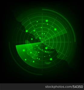 Green radar screen with map, stock vector