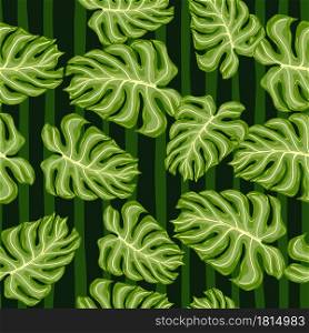 Green random palm leaf silhouettes seamless doodle pattern. Striped background. Abstract style. Decorative backdrop for fabric design, textile print, wrapping, cover. Vector illustration.. Green random palm leaf silhouettes seamless doodle pattern. Striped background. Abstract style.