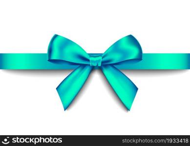 Green realistic gift bow with horizontal ribbon isolated on white background. Vector holiday design element for banner, greeting card, poster.
