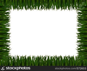 Green realistic rectangle grass border frame isolated on white background with empty copy space for text. Spring or summer vector Illustration, template, clip art, banner, poster, signboard.. Green grass border frame isolated on white background