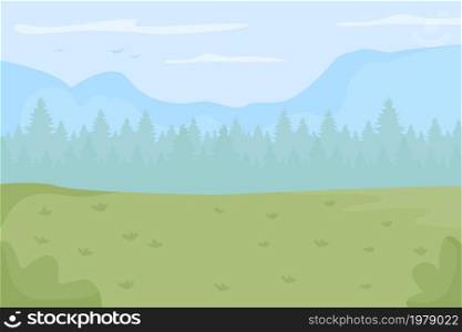 Green recreational space flat color vector illustration. Picnic spot. National park and forest. Biodiversity preservation. Beautiful natural 2D cartoon landscape with spruce trees on background. Green recreational space flat color vector illustration