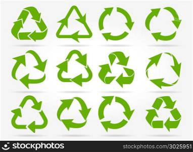 Green recycle arrow icons. Recycled arrows. Green reusable arrow icons, eco recycle or recycling vector signs isolated on white background