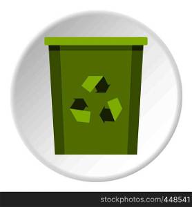 Green recycle bin with recycle symbol icon in flat circle isolated vector illustration for web. Green bin with recycle symbol icon circle