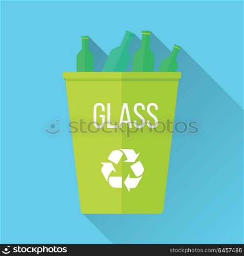 Green Recycle Garbage Bin with Glass. Green recycle garbage bin with glass. Reuse or reduce symbol. Plastic recycle trash can. Trash can icon in flat. Waste recycling. Environmental protection. Vector illustration.