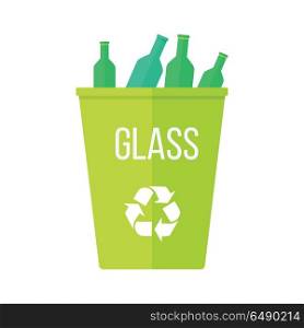 Green Recycle Garbage Bin with Glass. Green recycle garbage bin with glass. Reuse or reduce symbol. Plastic recycle trash can. Trash can icon in flat. Waste recycling. Environmental protection. Vector illustration.