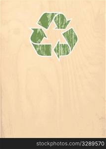 Green recycle symbol on wood panel.