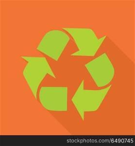 Green Recycle Symbol. Sign of recycling. Recycling icon in flat. Green recycle symbol isolated on red background. Waste recycling. Environmental protection. Vector illustration.