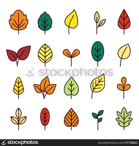 Green, red, yellow and orange leaves line icon vector collection. Leaves line icon collection