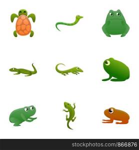 Green reptile icon set. Cartoon set of 9 green reptile vector icons for web design isolated on white background. Green reptile icon set, cartoon style