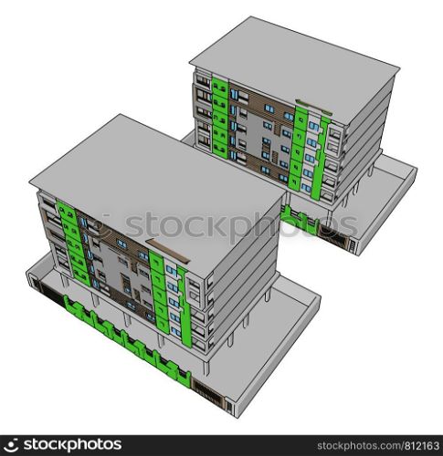Green residential building, illustration, vector on white background.