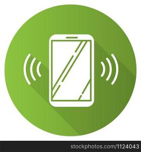 Green ringing smartphone flat design long shadow glyph icon. Mobile voice control idea. Sound command. Loud volume, audio frequency. Phone call, vibro signal. Vector silhouette illustration