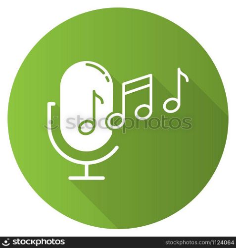 Green ringtone recognition flat design long shadow glyph icon. Melody definition app idea. Sound recorded. Microphone and notes. Voice command. Professional mike. Vector silhouette illustration