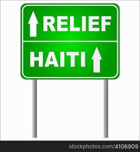 Green road sign in green with arrow showing Haiti relief