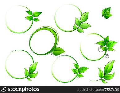 Green round frames with leaves isolated on white background for environment concept
