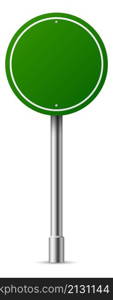 Green round road sign. Realctic blank highway board isolated on white background. Green round road sign. Realctic blank highway board