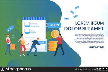 Green sale slide template presentation. People standing before supermarket. Shopping concept. Vector illustration can be used for topics like sale, presentation, promotion. Green sale slide template presentation
