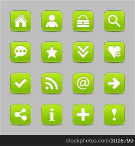 Green satin icon web button with white basic sign. 16 green satin icon with white basic sign on rounded square web button with color reflection on background. This vector illustration internet design element save in 8 eps