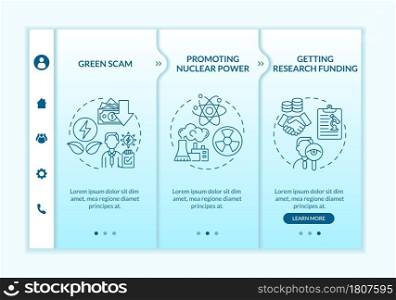 Green scam onboarding vector template. Promoting nuclear energy. Responsive mobile website with icons. Web page walkthrough 3 step screens. Getting funding color concept with linear illustrations. Green scam onboarding vector template