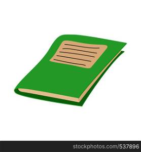 Green school notebook icon in cartoon style on a white background. Green school notebook icon, cartoon style