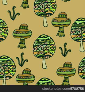 Green seamless background with ornament of trees and grass in the tribal style. Vector illustration.