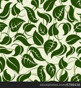 Green seamless pattern with leaves. Green seamless pattern with outline and normal leaves. Vector illustration