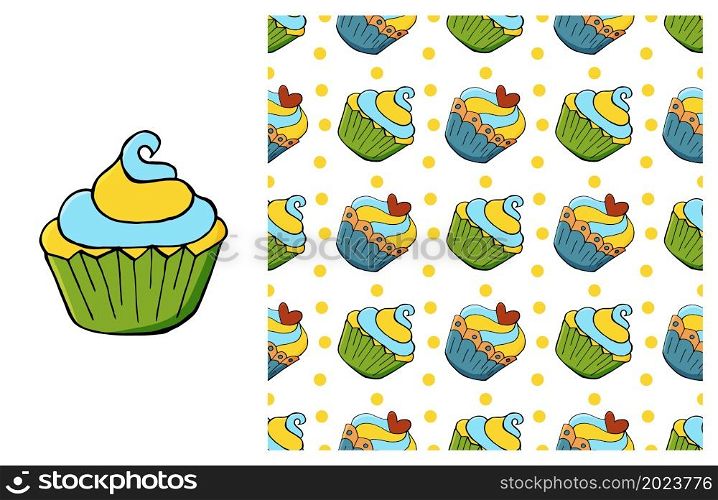 Green Set of element and seamless pattern. Ideal for children&rsquo;s clothing. Sweet pastries. Cupcake, muffin. Can be used for fabric and etc. Cupcake, muffin. Set of element and seamless pattern