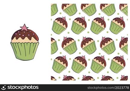 Green Set of element and seamless pattern. Ideal for children&rsquo;s clothing. Sweet pastries. Cupcake, muffin. Can be used for fabric, wrapping and etc. Cupcake, muffin. Set of element and seamless pattern