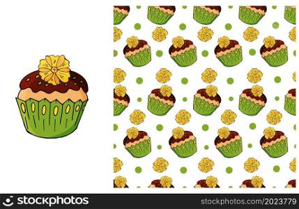 Green Set of element and seamless pattern. Ideal for children&rsquo;s clothing. Sweet pastries. Cupcake, muffin. Can be used for fabric, wrapping paper and etc. Cupcake, muffin. Set of element and seamless pattern