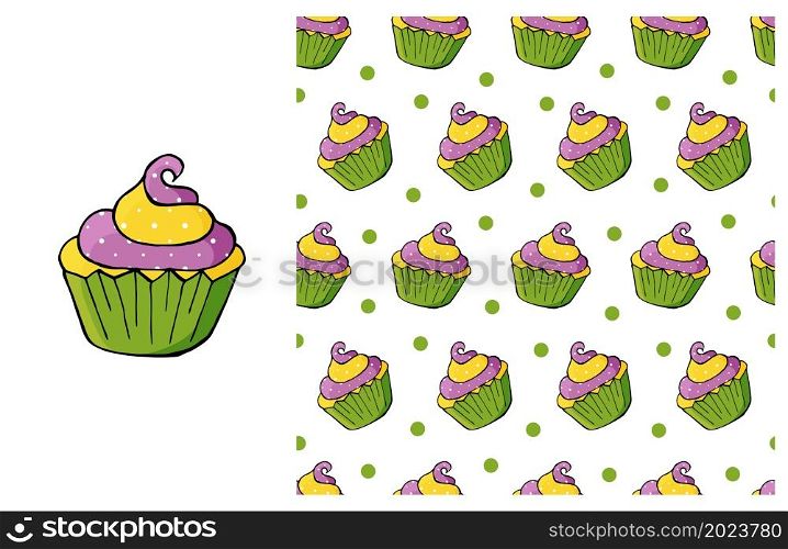 Green Set of element and seamless pattern. Ideal for children&rsquo;s clothing. Sweet pastries. Cupcake, muffin. Can be used for fabric. Cupcake, muffin. Set of element and seamless pattern