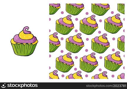 Green Set of element and seamless pattern. Ideal for children&rsquo;s clothing. Sweet pastries. Cupcake, muffin. Cupcake, muffin. Set of element and seamless pattern