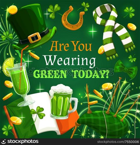 Green shamrock, Irish leprechaun gold and hat, St Patrick Day vector design. Clover leaves, flag of Ireland and beer, treasure pot golden coins and lucky horseshoe, bagpipe and festive firework. St Patrick Day shamrock, green beer, Ireland flag