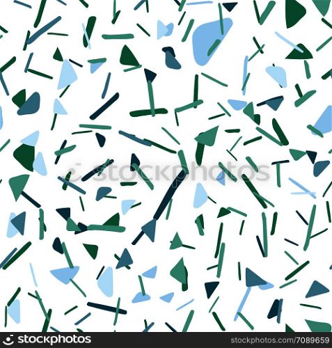Green shapes and elements splash seamless pattern on white background. Texture for textile, postcard, wrapping paper, packaging. Pastel colors. Vector illustration. Abstract chaotic shapes and elements seamless pattern.