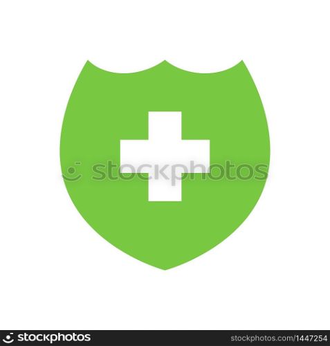 Green shield icon with a medical cross. Flat vector symbol of assistance. Respiratory face mask. Virus protection illsutration.
