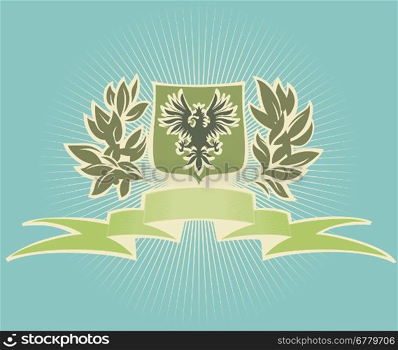 Green shield with eagle. Vector illustration.