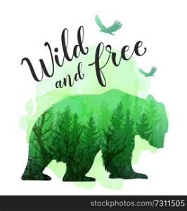 Green silhouette of a wild bear, tree and calligraphy. Wild life in nature. Vector illustration with green watercolor texture.