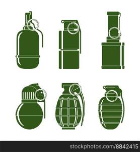 Green silhouettes of various combat grenades. Set on a white background. 