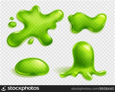 Green slime blob, jelly, liquid snot stain or glue realistic vector isolated illustration on transparent background. Blot of toxic phlegm or slimy poison splash. Green slime blob, jelly, liquid snot stain or glue