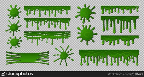 Green slime. Dirty goo splat, realistic paint blob splash isolated design template, toxic dripping slimy mucus. Vector green spots and drops. Green slime. Dirty goo splat, realistic paint blob splash isolated design template, toxic slimy mucus. Vector green spots and drops