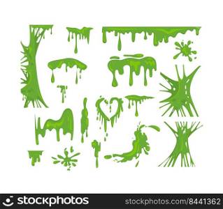 Green slime flat icon set. Goo blob splashes and toxic dripping mucus isolated vector illustration collection. Decorative shapes and liquid borders for design concept