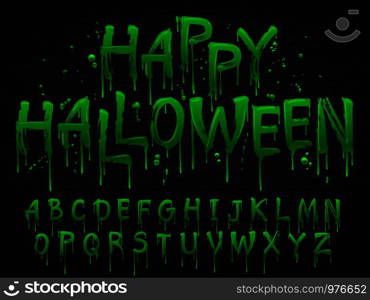 Green slime font. Halloween toxic waste letters, blot scary horror greens goo alphabet text sign and blots splash liquid slimes spooky letters, goo vector isolated symbols set. Green slime font. Halloween toxic waste letters, scary horror greens goo sign and splash liquid slimes vector isolated set